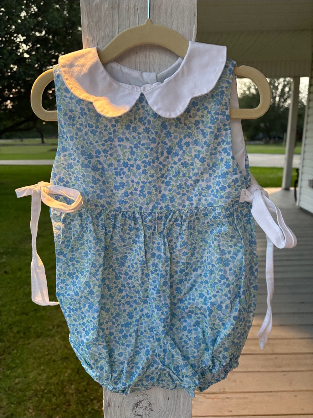 Blue Floral Baby One-Piece Romper with Peter Pan Collar